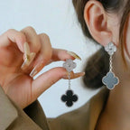 [Imperial] CLOVER 2 MOTIFS  DIAMOND ONYX EARRINGS SILVER