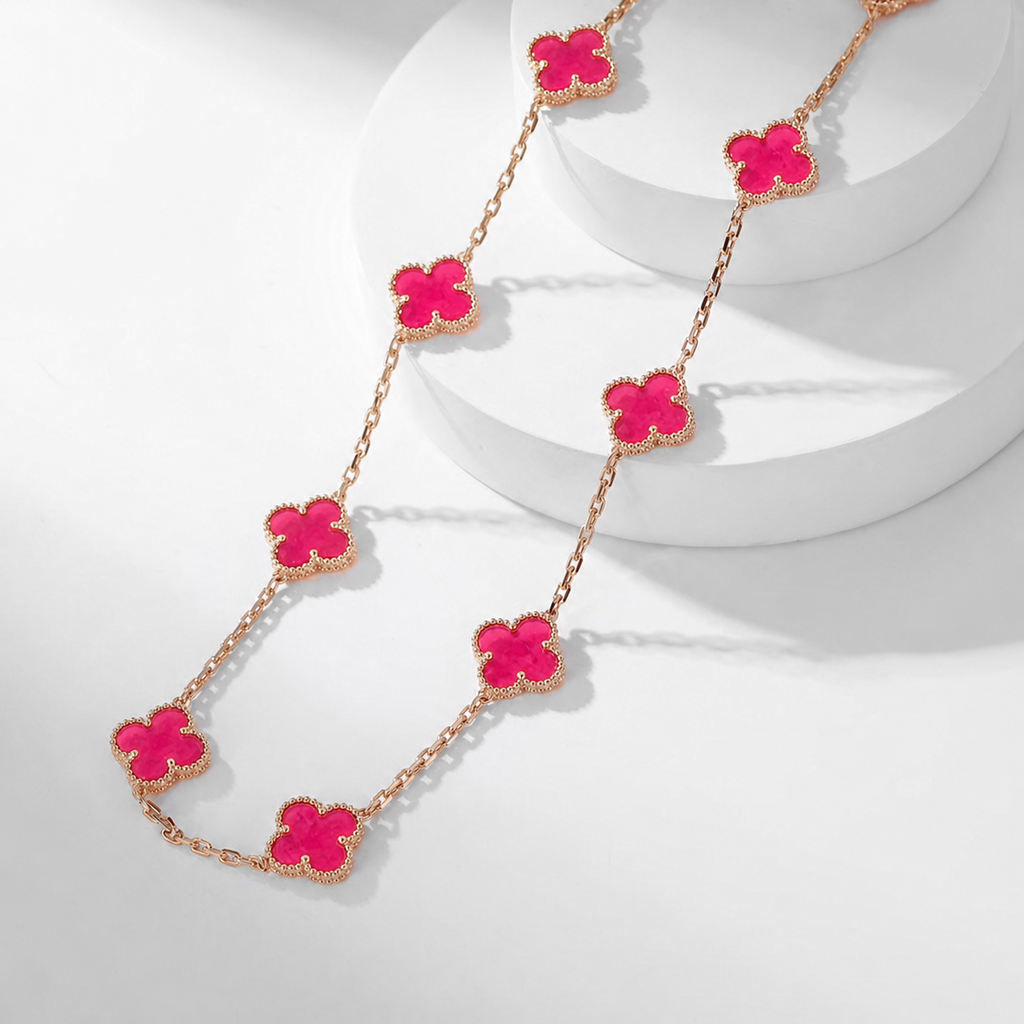 [Imperial] NEW CLOVER 10 MOTIFS PINK ENAMEL NECKLACE