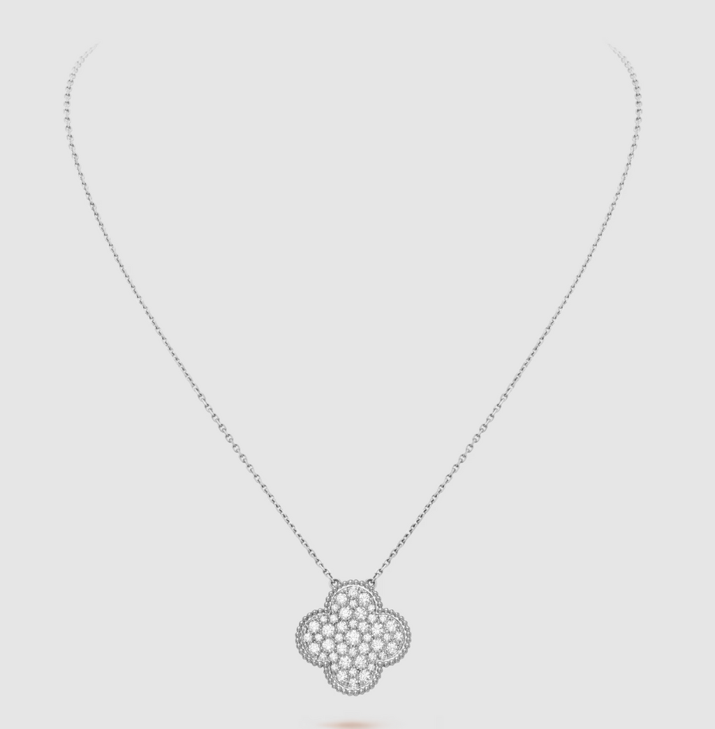 [Imperial] CLOVER 25MM LARGE PENDANT DIAMOND PAVED SILVER NECKLACE