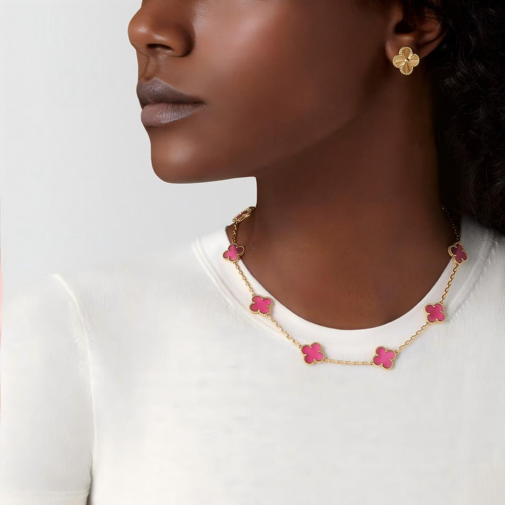 [Imperial] NEW CLOVER 10 MOTIFS PINK ENAMEL NECKLACE