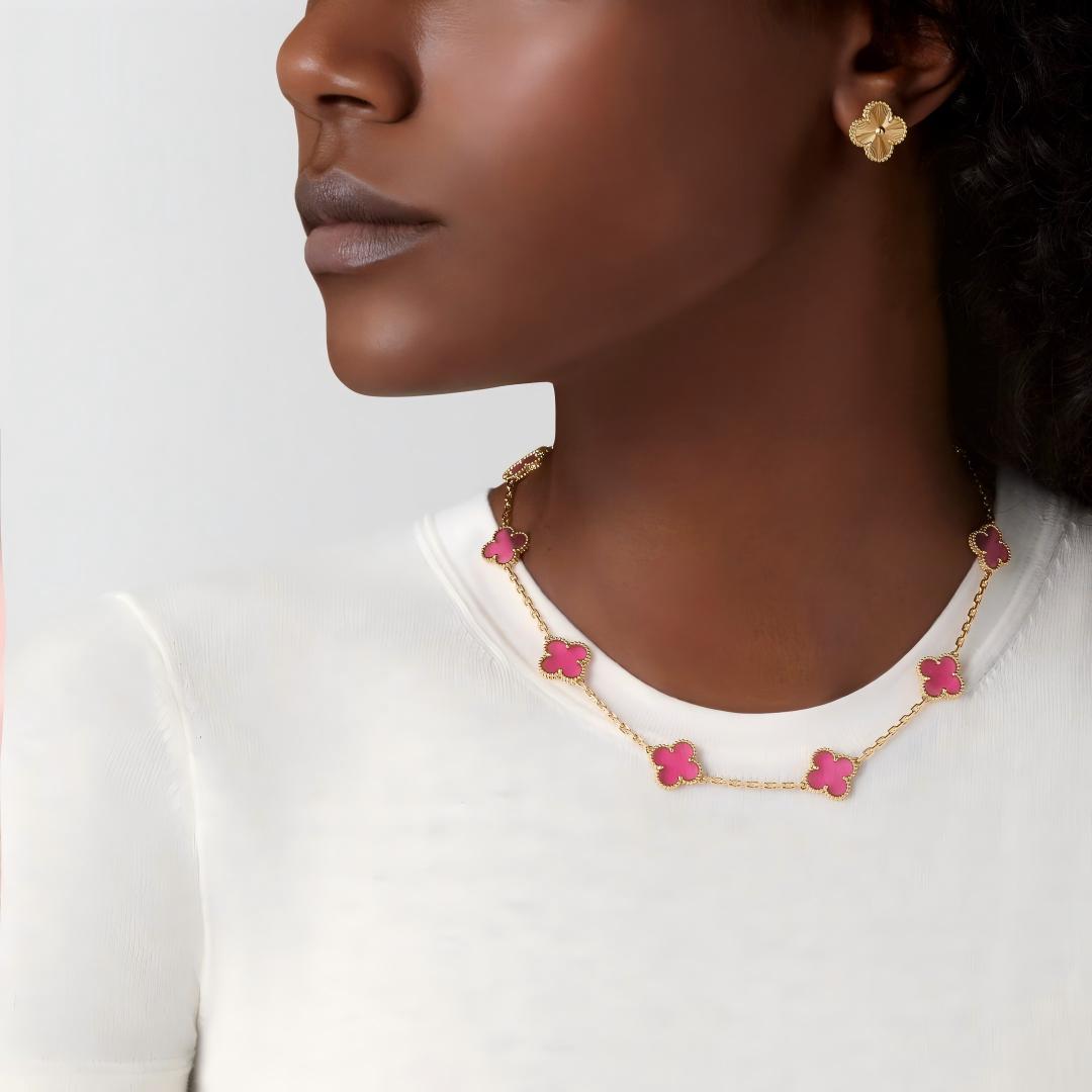 [Imperial] NEW CLOVER 10 MOTIFS PINK ENAMEL NECKLACE