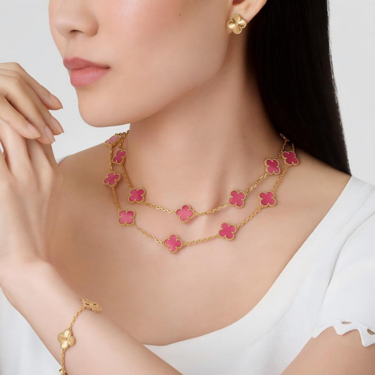[Imperial]  NEW CLOVER 20 MOTIFS PINK ENAMEL NECKLACE